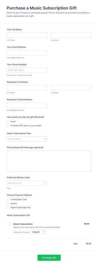 Purchase A Music Subscription Gift Form Template