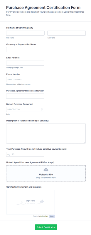 Purchase Agreement Certification Form Template