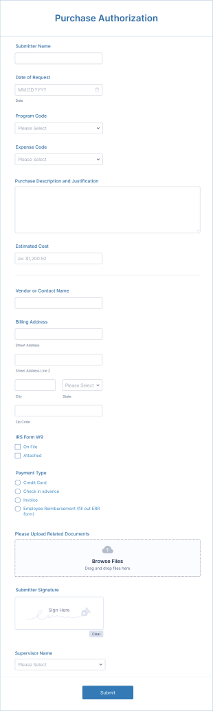 Purchase Order Authorization Form Template