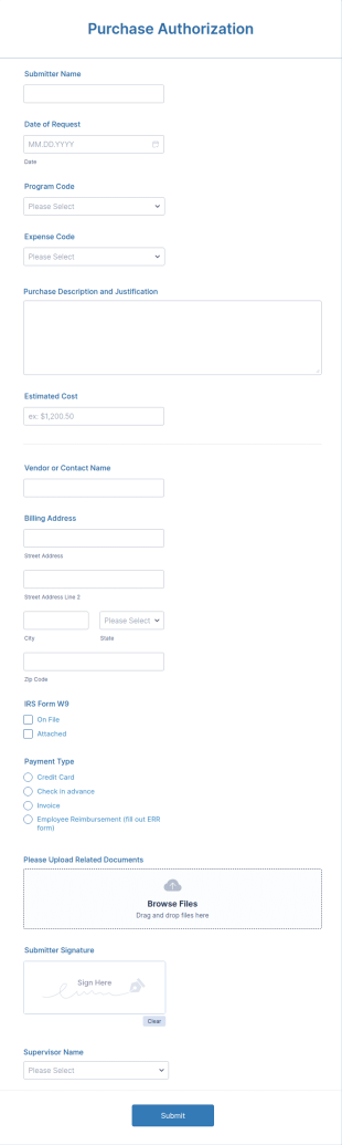 Purchase Order Authorization Form Template