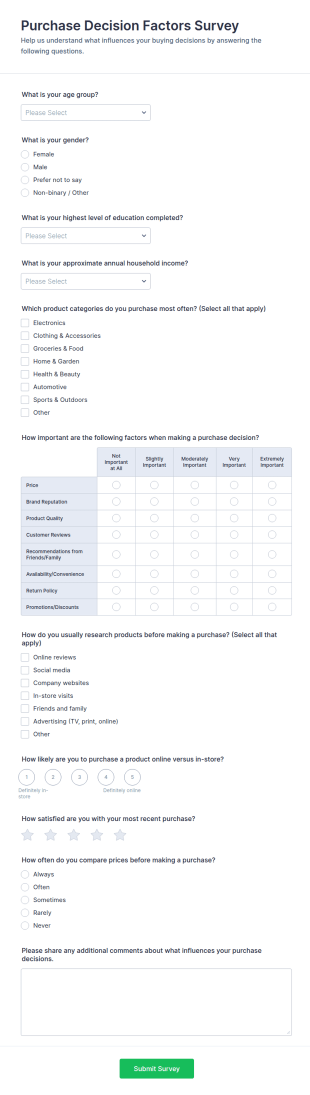 Purchase Decision Factors Survey Form Template