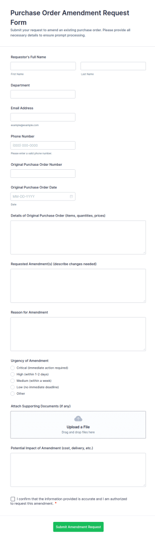 Purchase Order Amendment Request Form Template