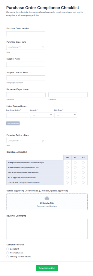 Purchase Order Compliance Checklist Form Template