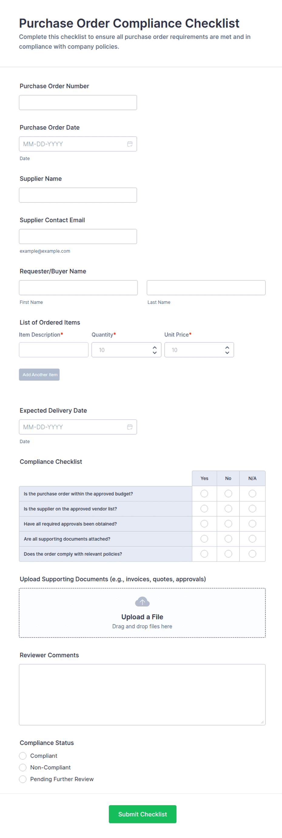 Purchase Checklist Example Purchase Order Compliance Checklist Form Template | Jotform
