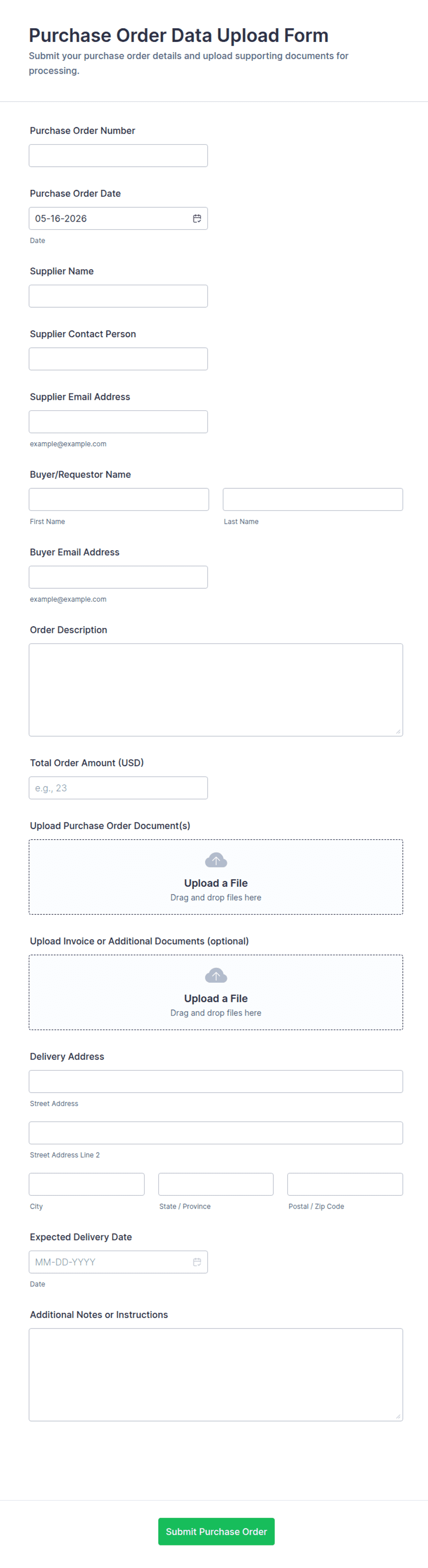 Purchase Order Data Upload Form Template | Jotform