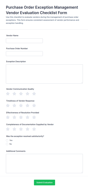 Purchase Order Exception Management Vendor Evaluation Checklist Form Template
