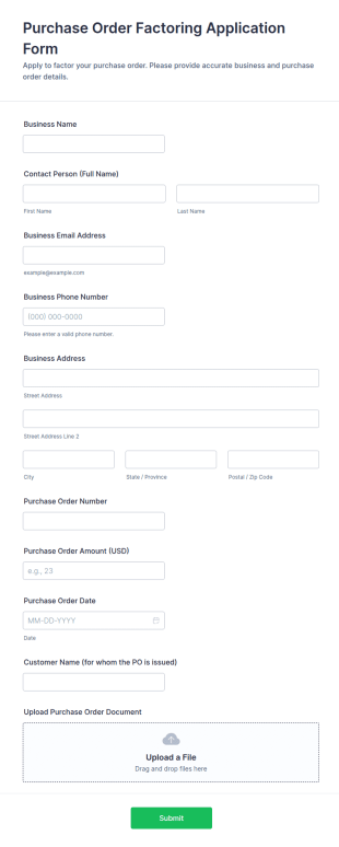Purchase Order Factoring Application Form Template