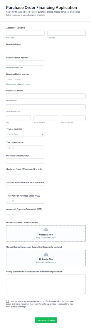 Purchase Order Financing Application Form Template