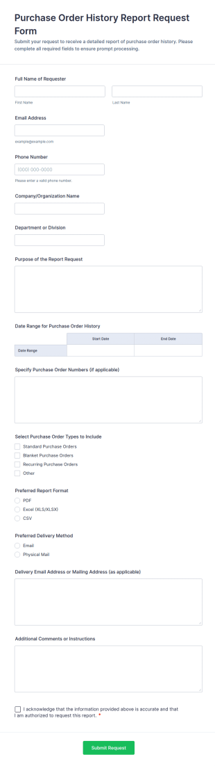 Purchase Order History Report Request Form Template