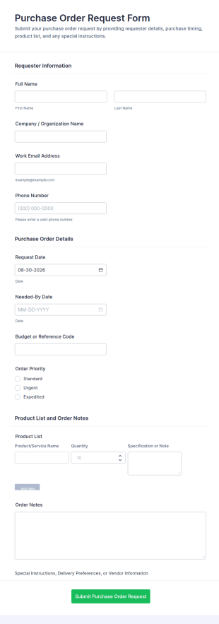 Purchase Order Request Quiz Form Template