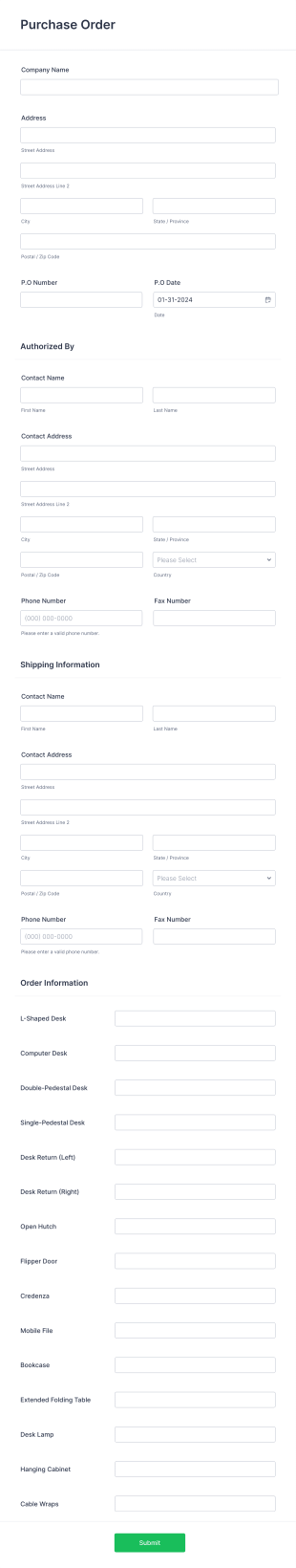 Merchandise Purchase Order Form Template
