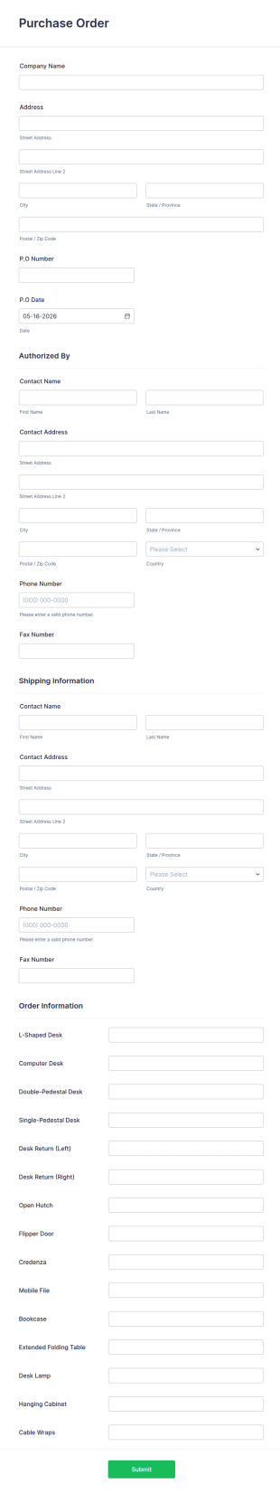 Merchandise Purchase Order Form Template