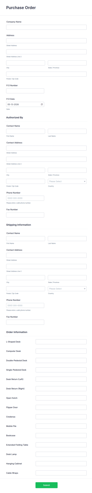 Merchandise Purchase Order Form Template
