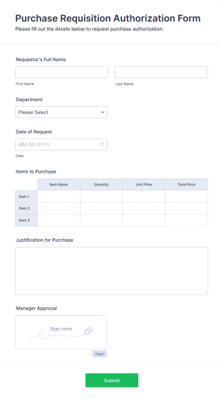 Purchase Requisition Authorization Form Template
