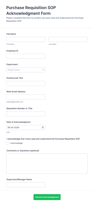 Purchase Requisition SOP Acknowledgment Form Template
