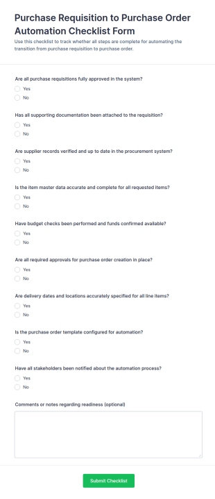 Purchase Requisition To Purchase Order Automation Checklist Form Template
