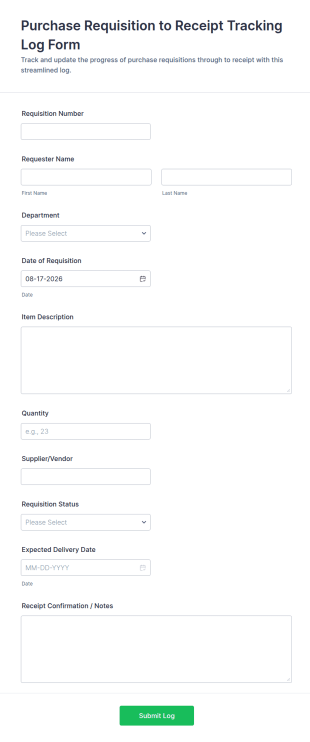 Purchase Requisition To Receipt Tracking Log Form Template