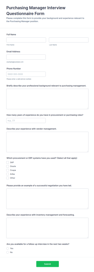 Purchasing Manager Interview Questionnaire Form Template