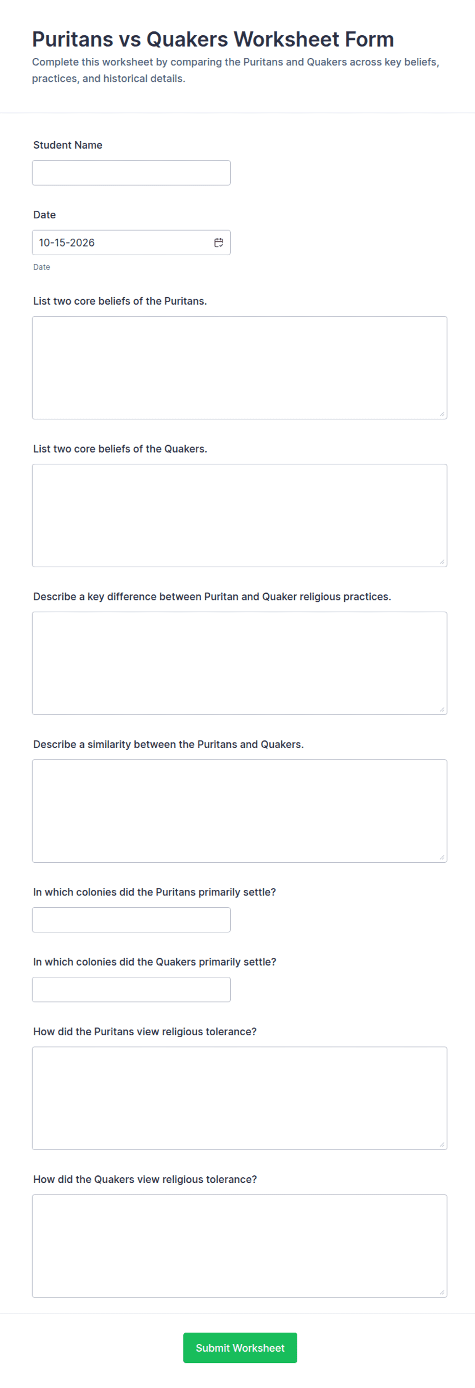 Puritans vs Quakers Worksheet Form Template | Jotform