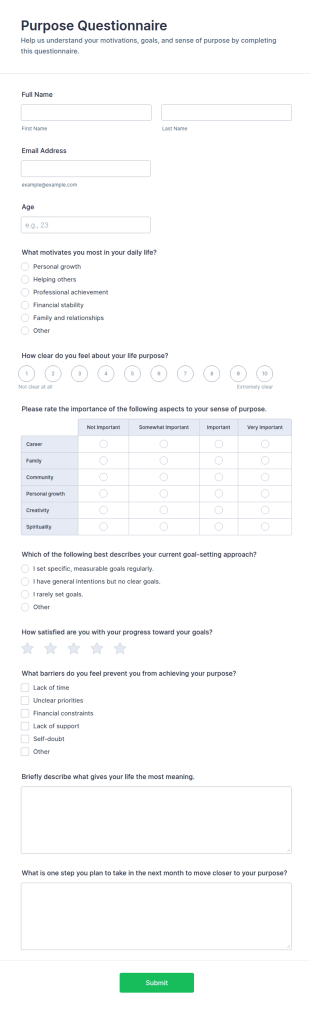 Purpose Questionnaire Form Template