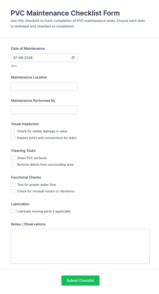PVC Maintenance Checklist Form Template