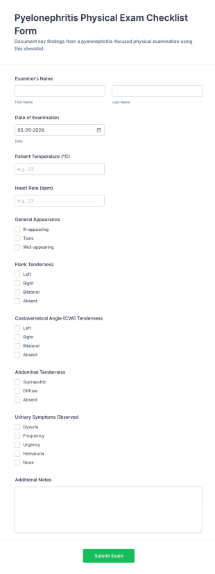 Pyelonephritis Physical Exam Checklist Form Template