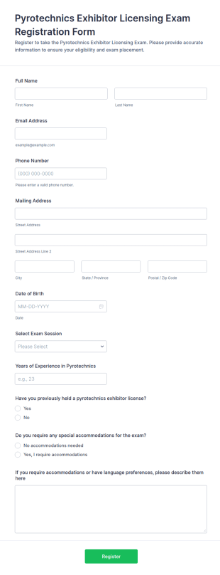 Pyrotechnics Exhibitor Licensing Exam Registration Form Template