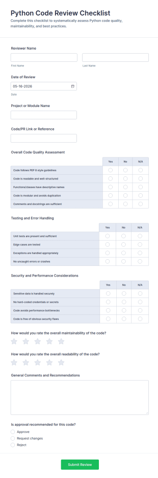 Python Code Review Checklist Form Template