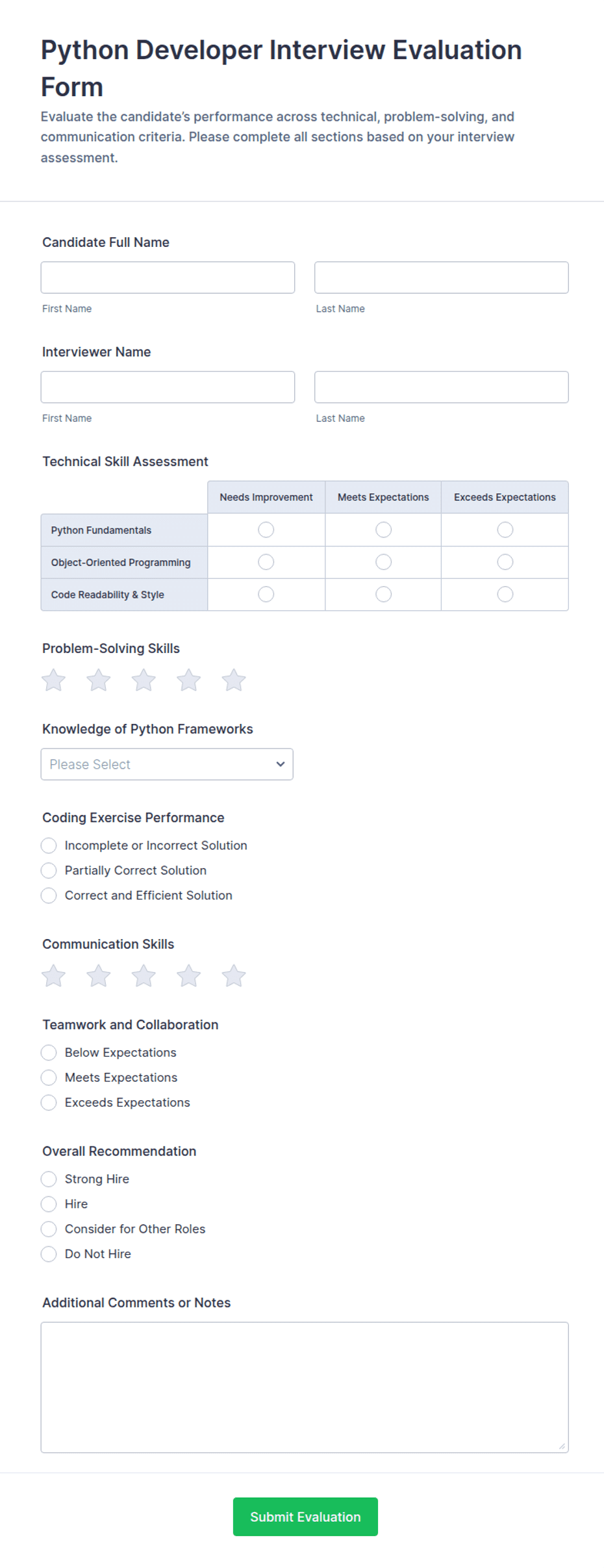 Python Developer Interview Evaluation Form Template | Jotform