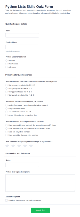 Python Lists Skills Quiz Form Template
