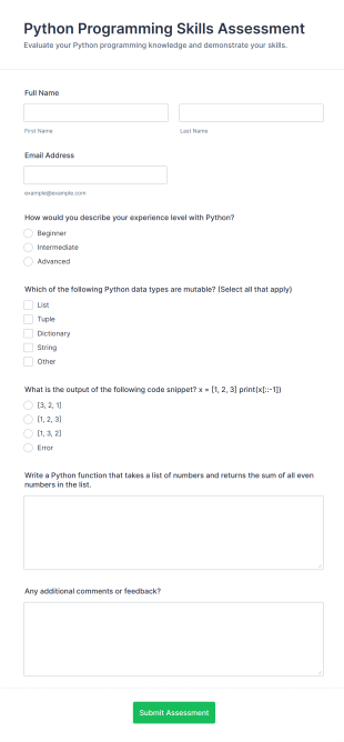 Python Programming Skills Assessment Form Template