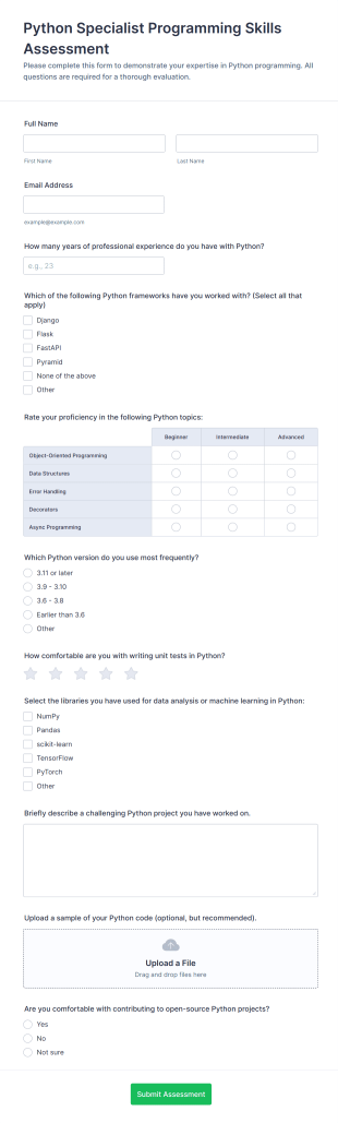 Python Specialist Programming Skills Assessment Form Template