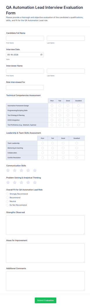 QA Automation Lead Interview Evaluation Form Template