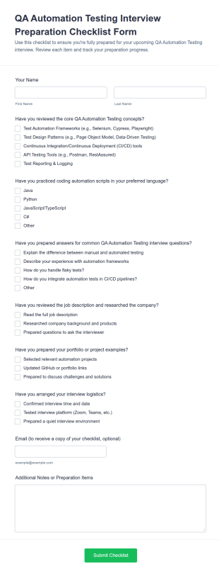 QA Automation Testing Interview Preparation Checklist Form Template