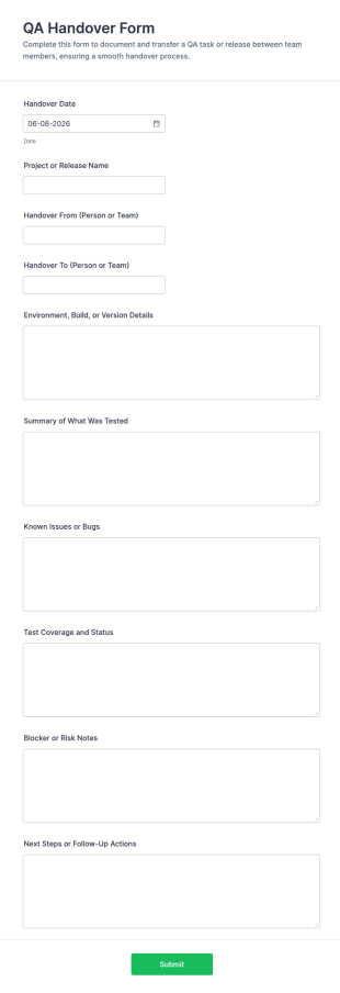 QA Handover Form Template