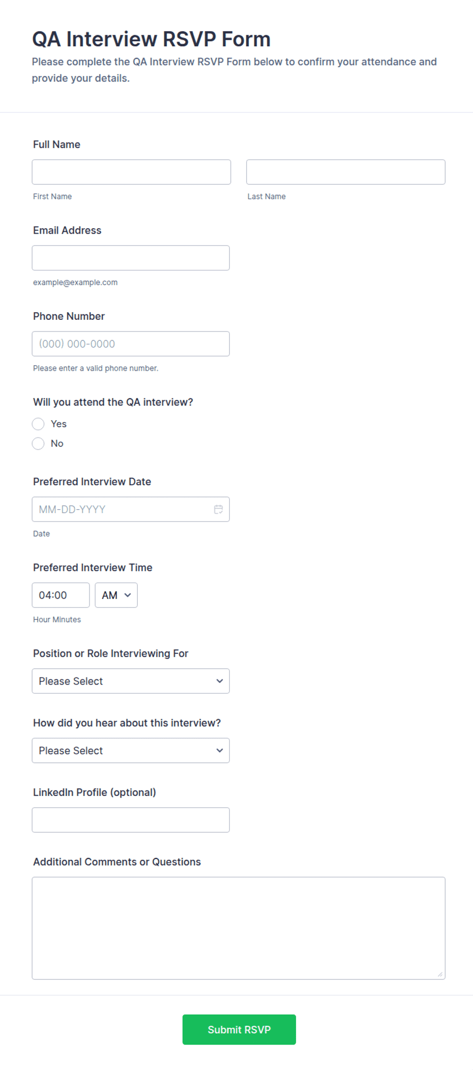 QA Interview RSVP Form Template | Jotform