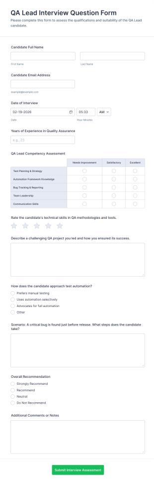 QA Lead Interview Question Form Template