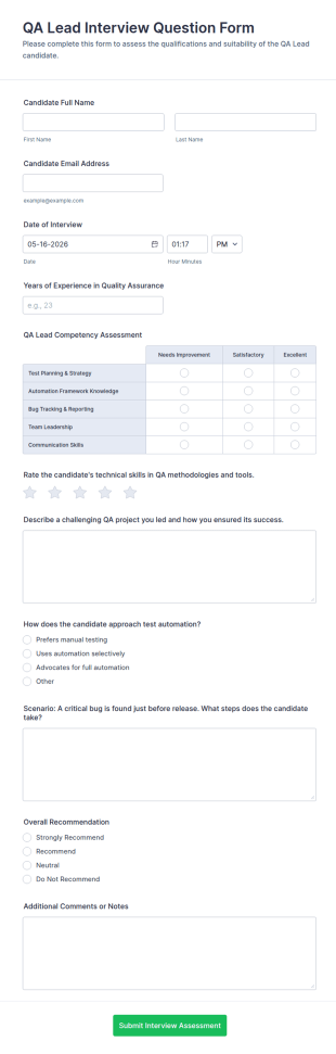 QA Lead Interview Question Form Template
