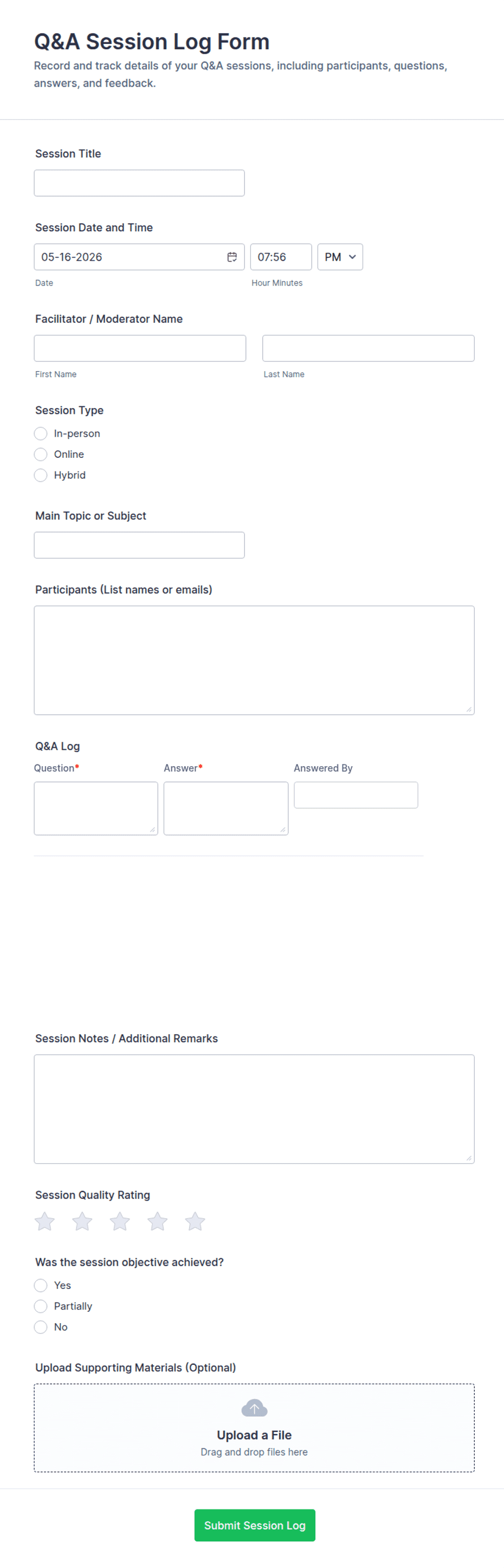 Q&A Session Log Form Template | Jotform