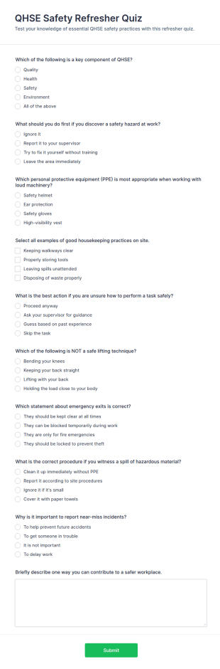 QHSE Safety Refresher Quiz Form Template