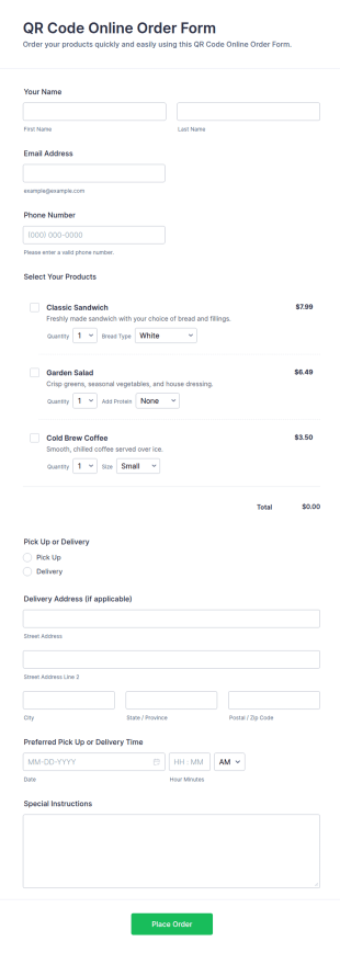 QR Code Online Order Form Template