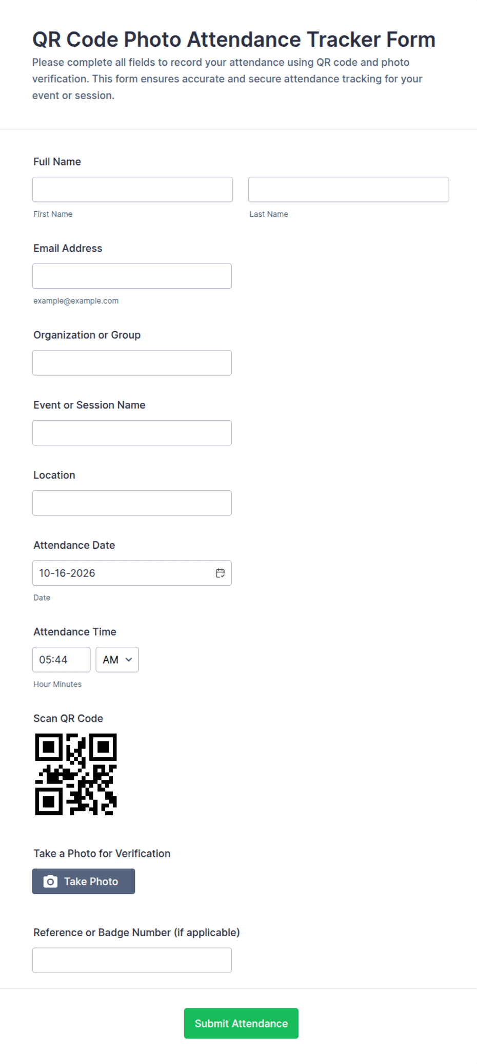 QR Code Photo Attendance Tracker Form Template | Jotform