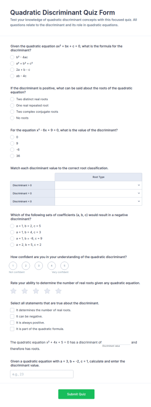 Quadratic Discriminant Quiz Form Template