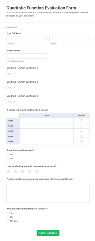 Quadratic Function Evaluation Form Template