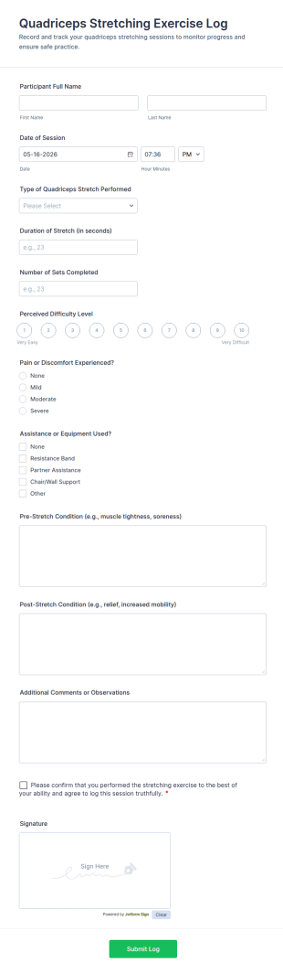 Quadriceps Stretching Exercise Log Form Template