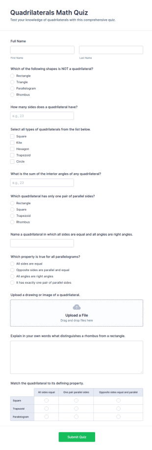 Quadrilaterals Math Quiz Form Template