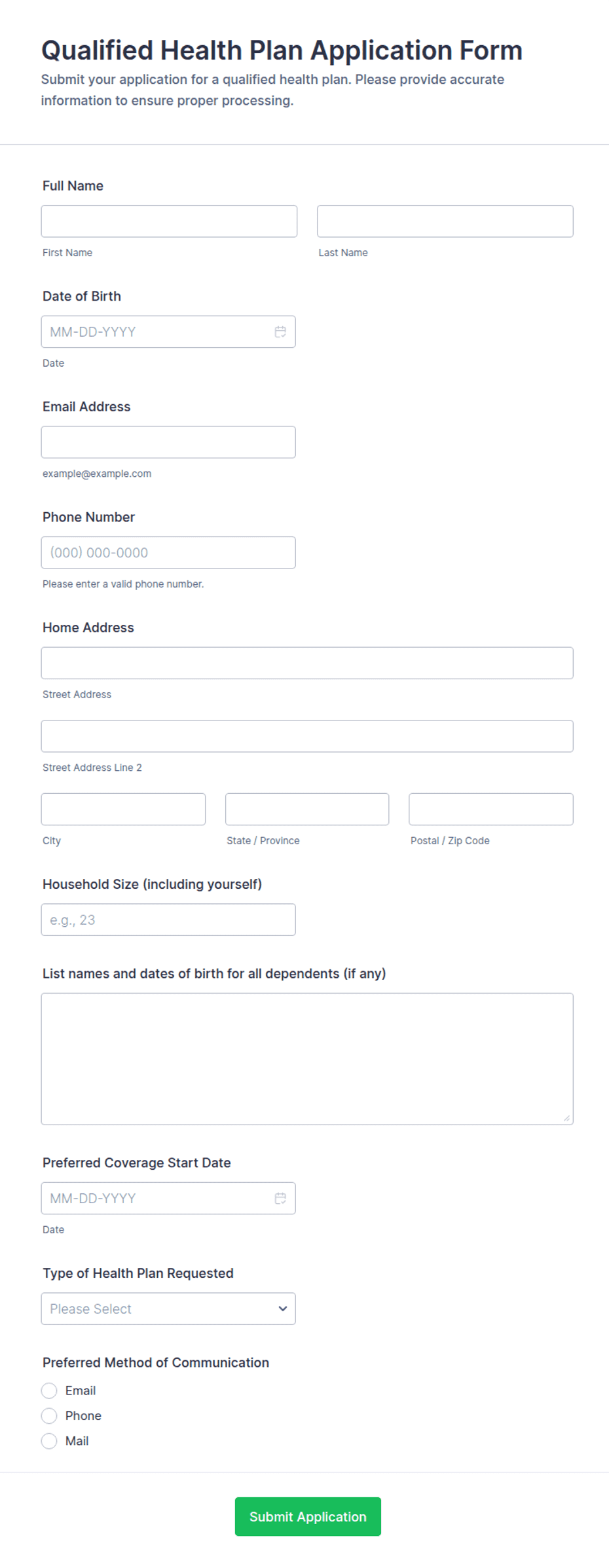Qualified Health Plan Application Form Template | Jotform