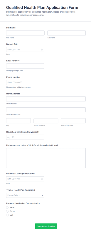 Qualified Health Plan Application Form Template