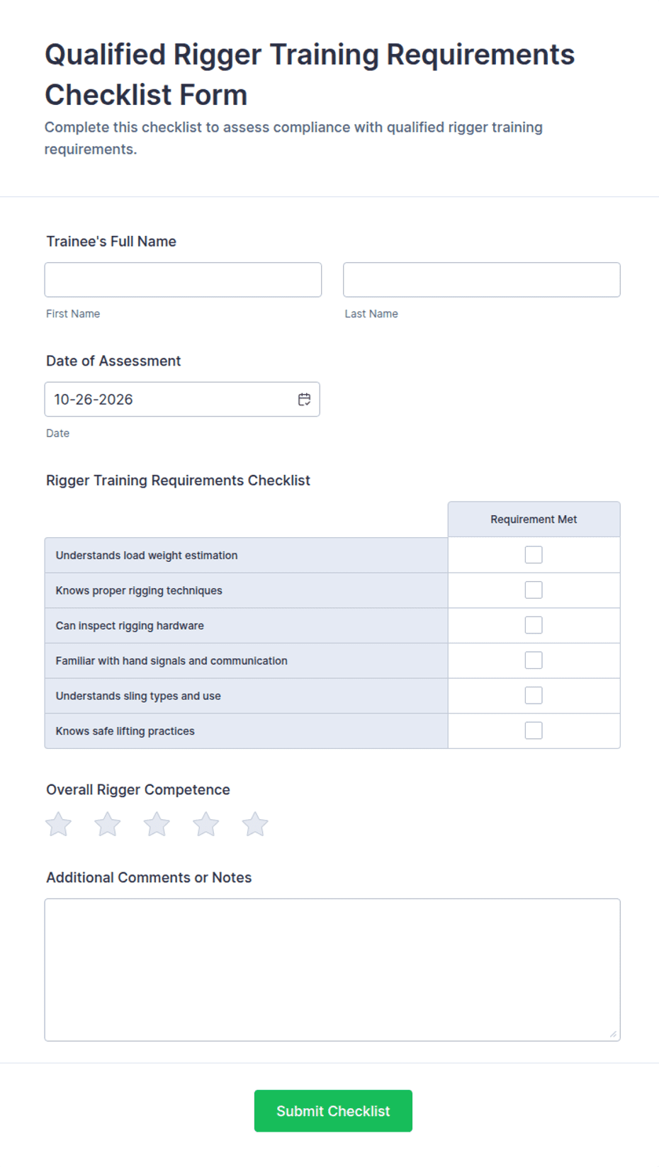 Workout Checklist.pdf Qualified Rigger Training Requirements Checklist Form Template | Jotform