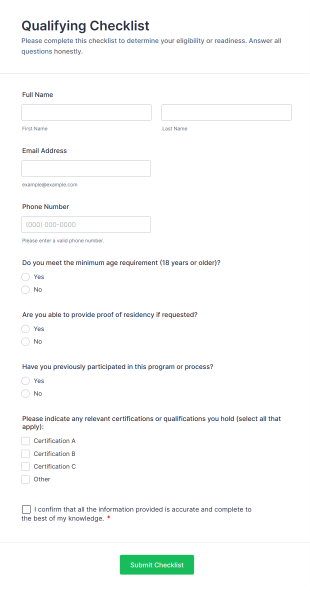 Qualifying Checklist Form Template